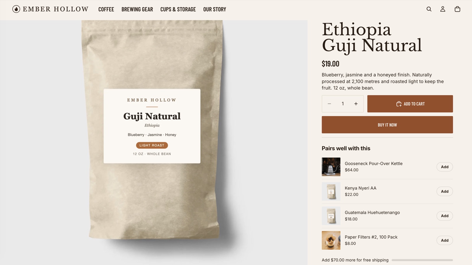 A coffee shop's product page with Nextspan's recommendations under the Add to cart button