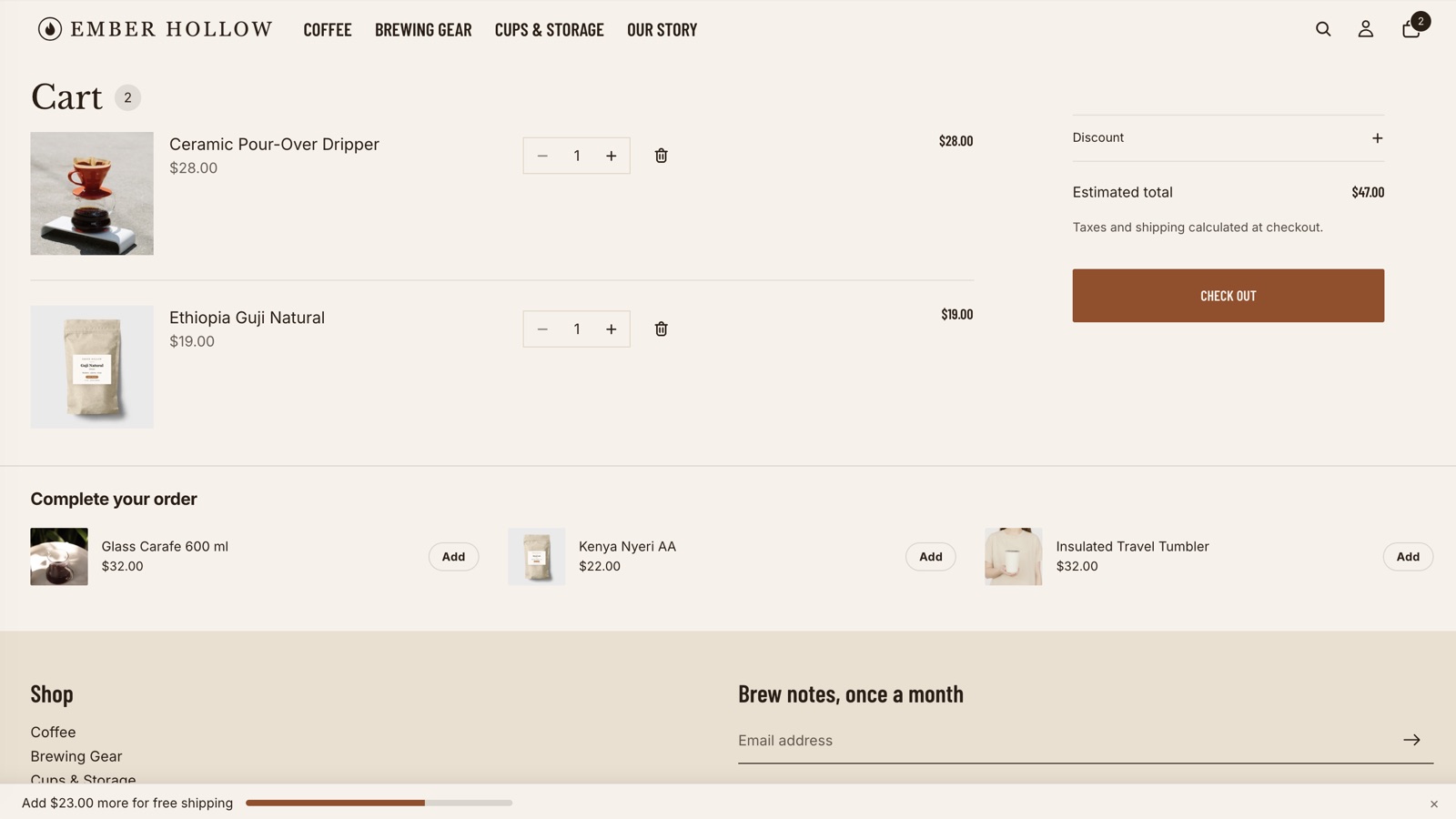 The cart shows how far it is from free shipping, with add-ons that close the gap