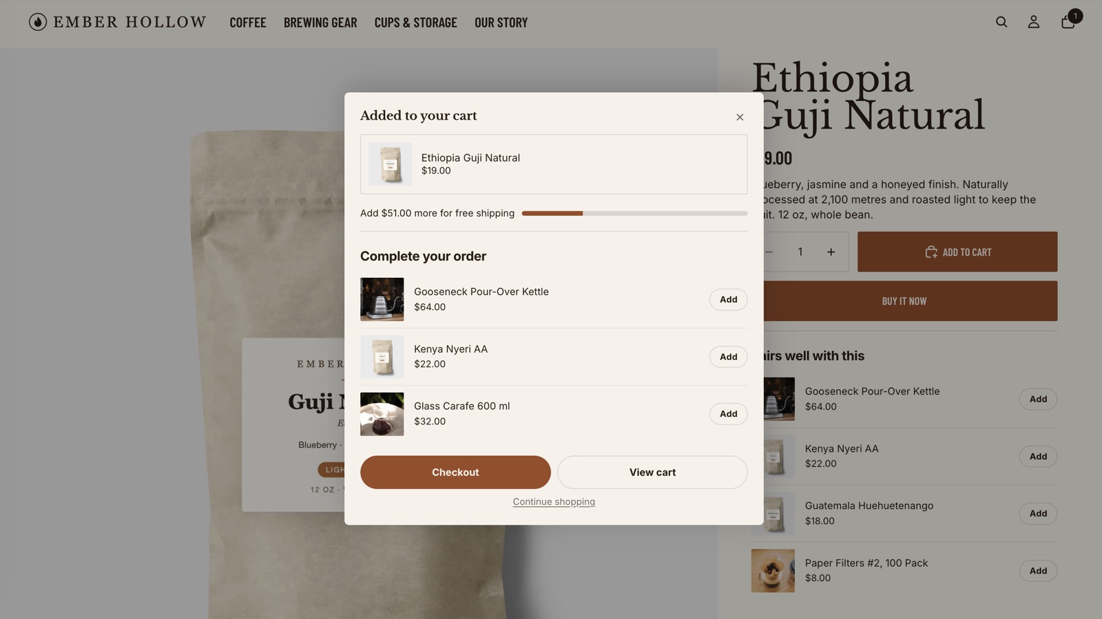 A panel after “Add to cart” suggests what goes with it